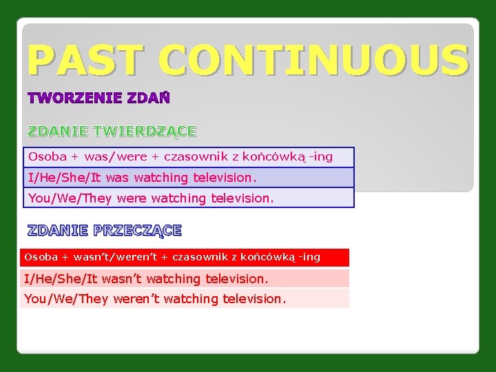 PAST CONTINUOUS ZDANIE TWIERDZĄCE Osoba + was/were + czasownik z końcówką -ing I/He/She/It was