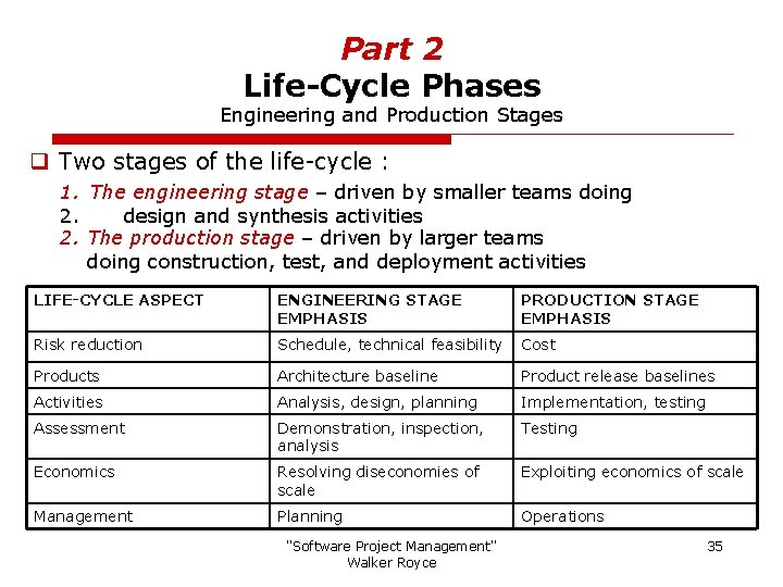 Part 2 Life-Cycle Phases Engineering and Production Stages q Two stages of the life-cycle
