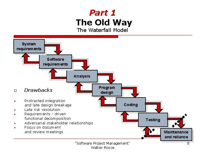 Part 1 The Old Way The Waterfall Model System requirements Software requirements Analysis o