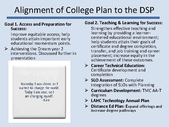 Alignment of College Plan to the DSP Goal 1. Access and Preparation for Success: