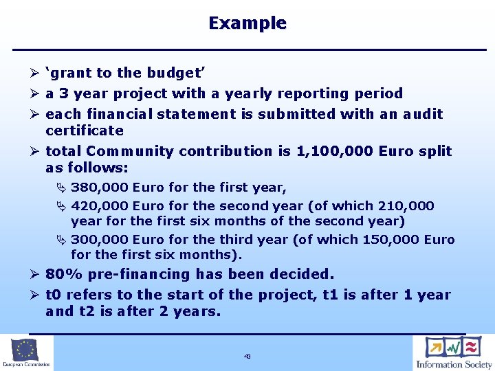 Example Ø ‘grant to the budget’ Ø a 3 year project with a yearly