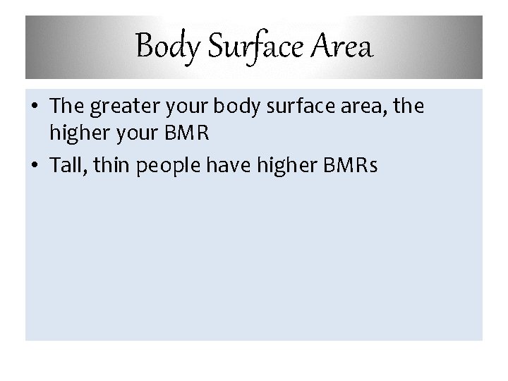 Body Surface Area • The greater your body surface area, the higher your BMR