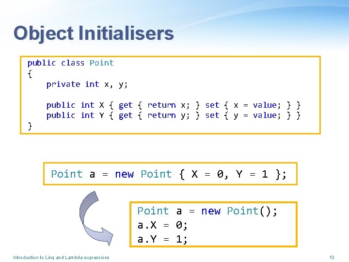 Object Initialisers public class Point { private int x, y; public int X {