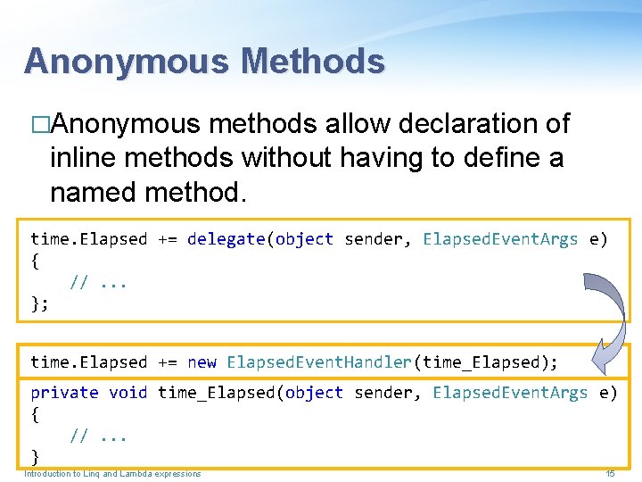 Anonymous Methods �Anonymous methods allow declaration of inline methods without having to define a