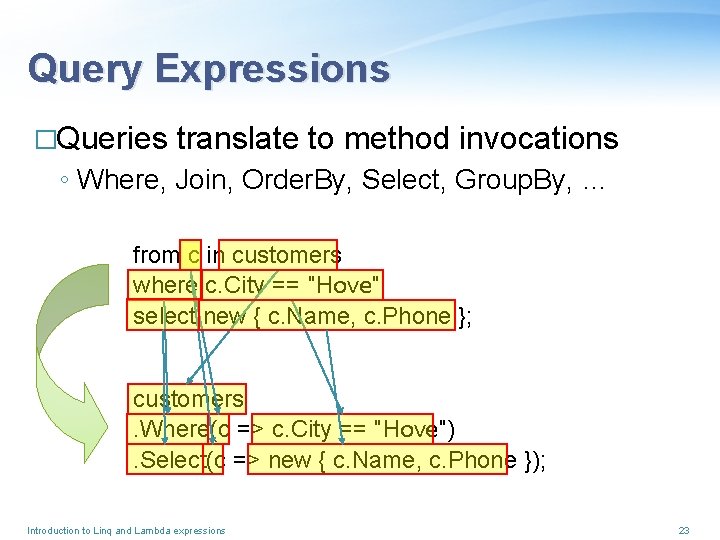 Query Expressions �Queries translate to method invocations ◦ Where, Join, Order. By, Select, Group.