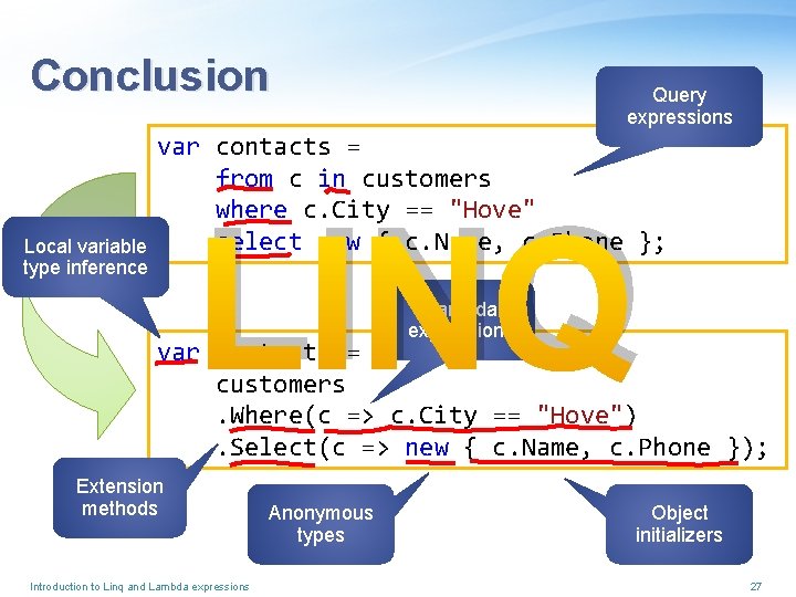 Conclusion Local variable type inference Query expressions var contacts = from c in customers
