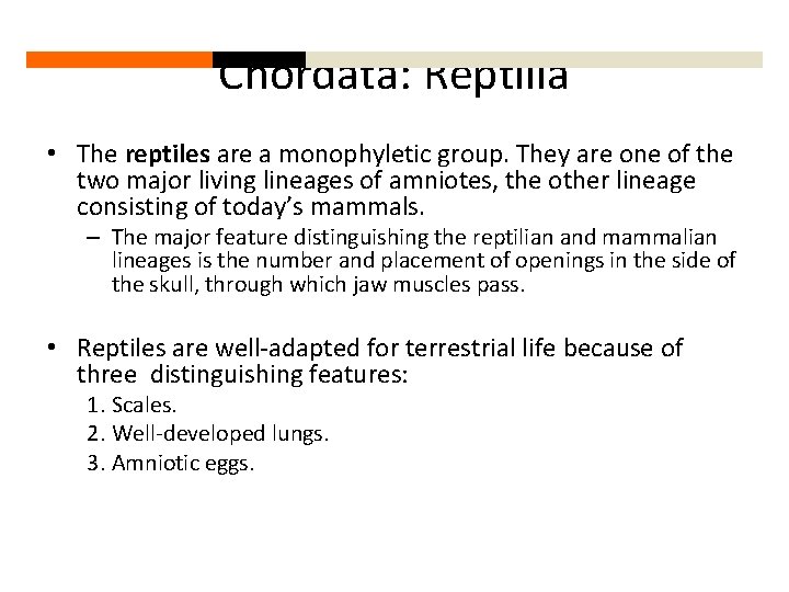 Chordata: Reptilia • The reptiles are a monophyletic group. They are one of the