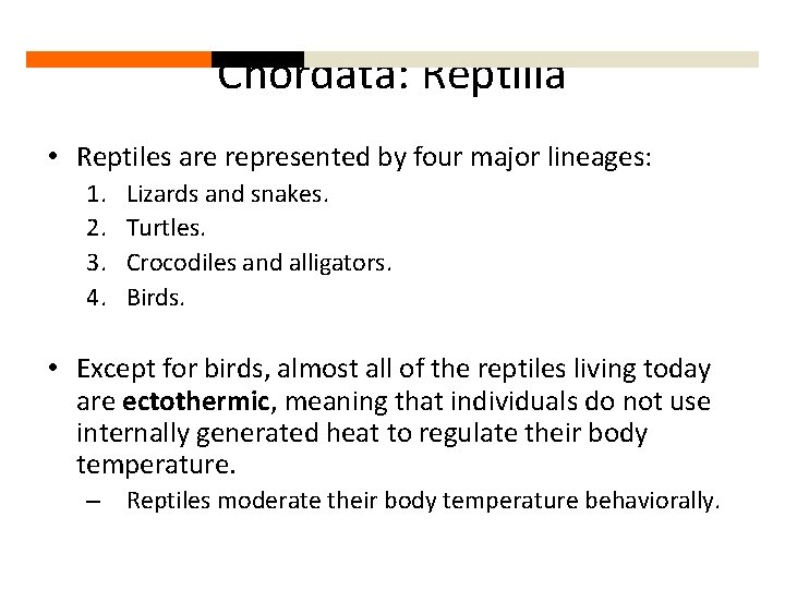 Chordata: Reptilia • Reptiles are represented by four major lineages: 1. 2. 3. 4.