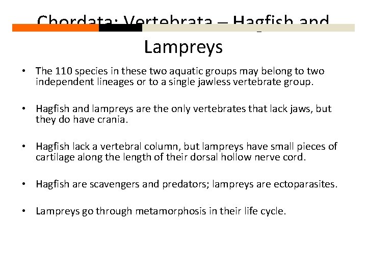 Chordata: Vertebrata – Hagfish and Lampreys • The 110 species in these two aquatic