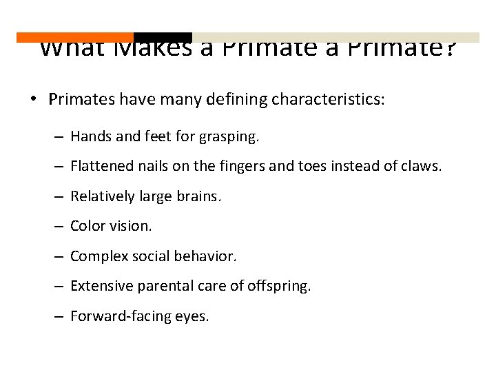 What Makes a Primate? • Primates have many defining characteristics: – Hands and feet