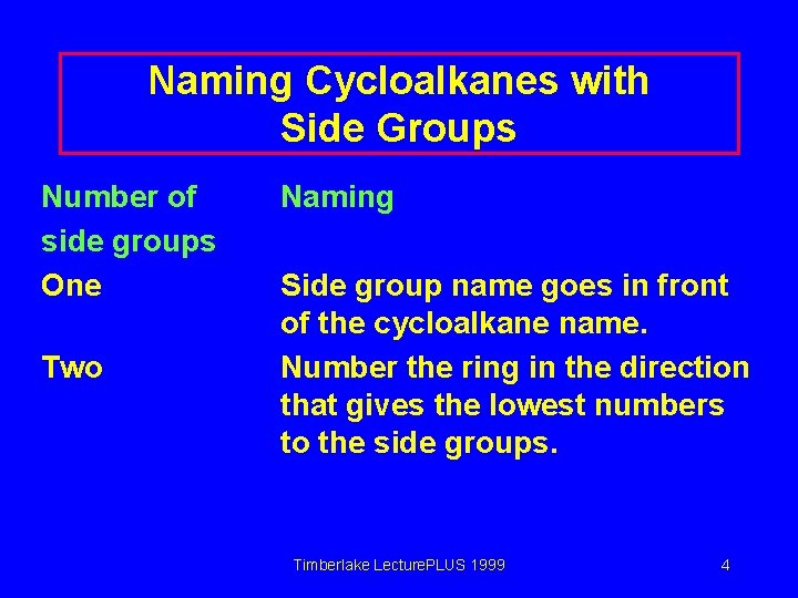 Naming Cycloalkanes with Side Groups Number of side groups One Two Naming Side group