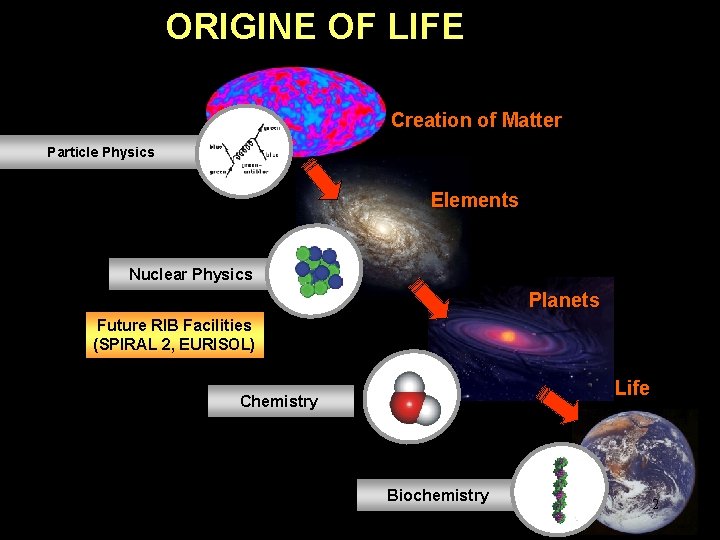 ORIGINE OF LIFE Creation of Matter Particle Physics Elements Nuclear Physics Planets Future RIB