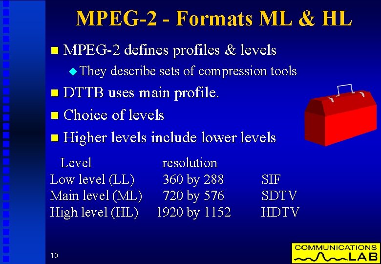 MPEG-2 - Formats ML & HL n MPEG-2 defines profiles & levels u They
