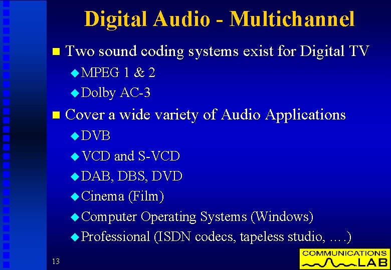 Digital Audio - Multichannel n Two sound coding systems exist for Digital TV u