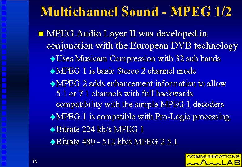 Multichannel Sound - MPEG 1/2 n MPEG Audio Layer II was developed in conjunction