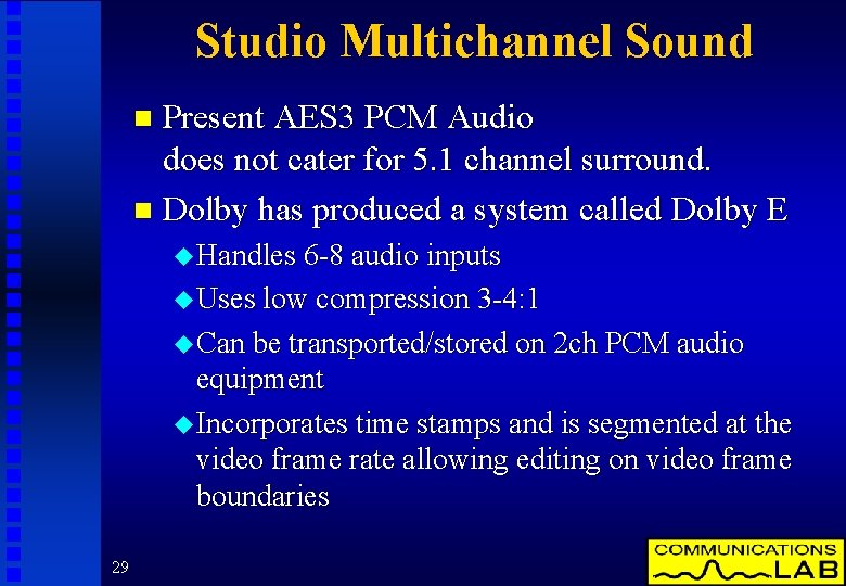 Studio Multichannel Sound Present AES 3 PCM Audio does not cater for 5. 1