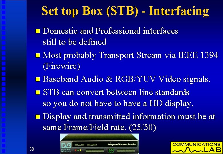 Set top Box (STB) - Interfacing Domestic and Professional interfaces still to be defined