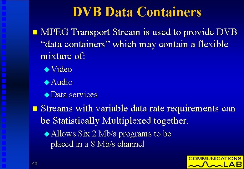 DVB Data Containers n MPEG Transport Stream is used to provide DVB “data containers”