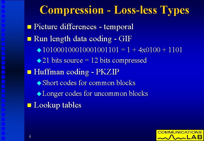 Compression - Loss-less Types Picture differences - temporal n Run length data coding -