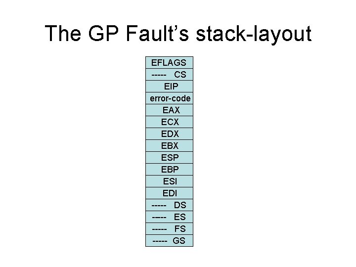 The GP Fault’s stack-layout EFLAGS ----- CS EIP error-code EAX ECX EDX EBX ESP