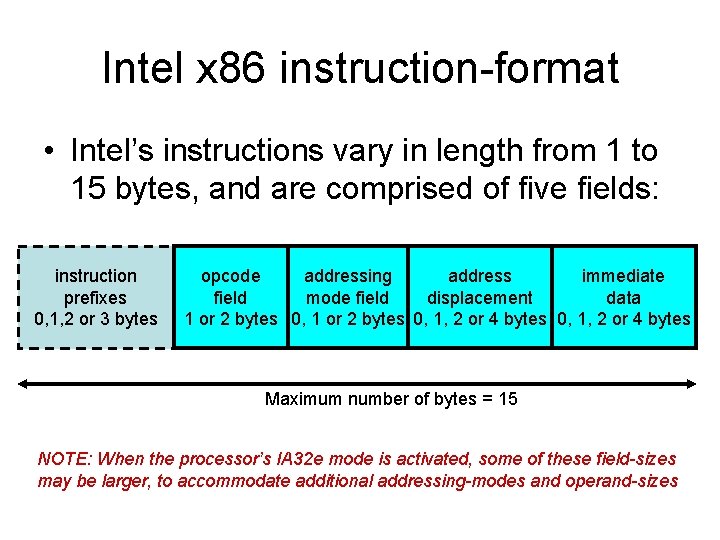 Intel x 86 instruction-format • Intel’s instructions vary in length from 1 to 15