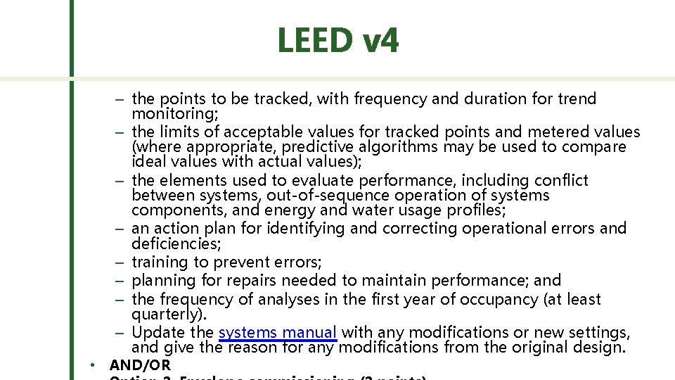 LEED v 4 – the points to be tracked, with frequency and duration for