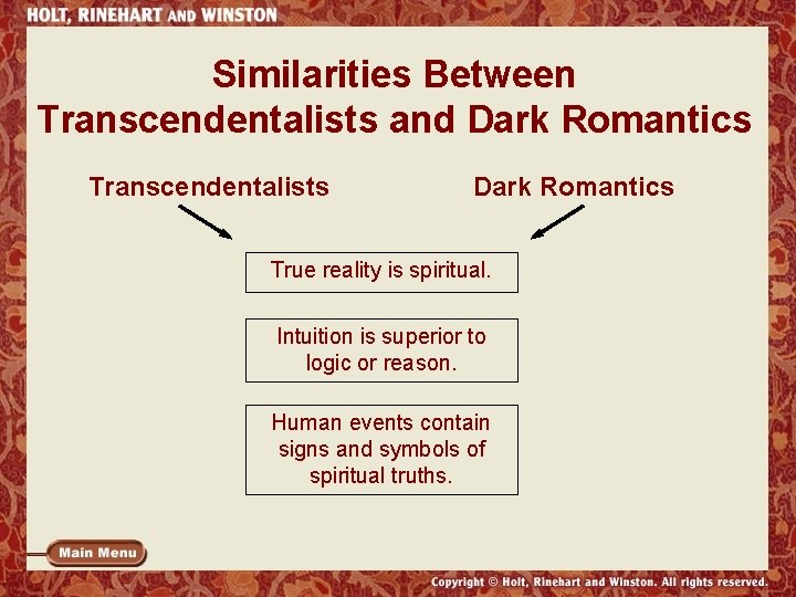 Similarities Between Transcendentalists and Dark Romantics Transcendentalists Dark Romantics True reality is spiritual. Intuition