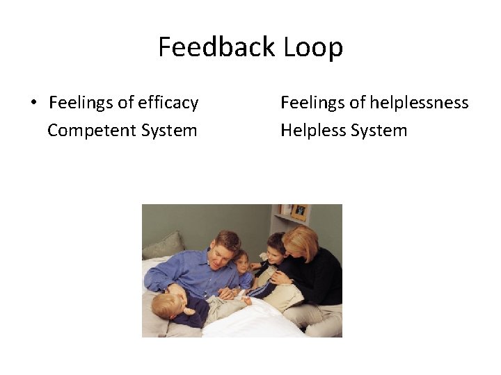 Feedback Loop • Feelings of efficacy Competent System Feelings of helplessness Helpless System 