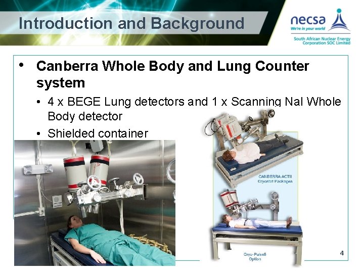Introduction and Background • Canberra Whole Body and Lung Counter system • 4 x