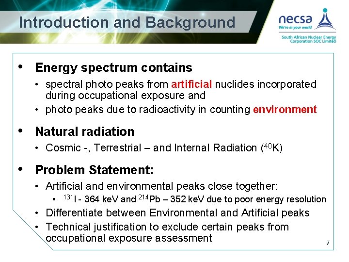 Introduction and Background • Energy spectrum contains • spectral photo peaks from artificial nuclides