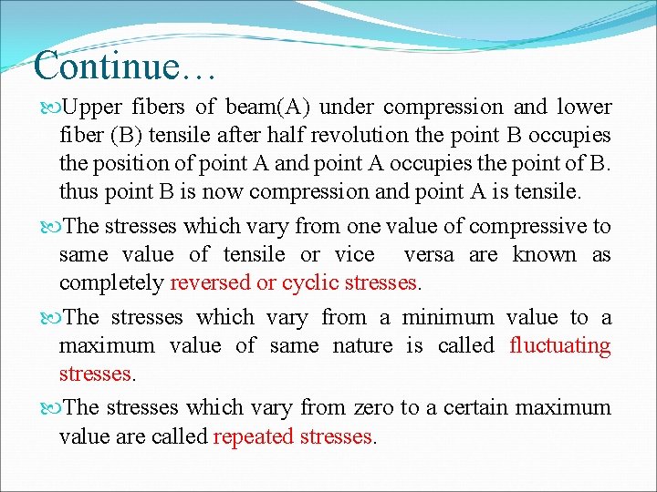 Continue… Upper fibers of beam(A) under compression and lower fiber (B) tensile after half