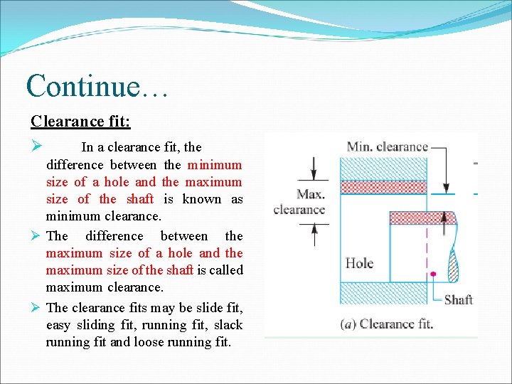 Continue… Clearance fit: Ø In a clearance fit, the difference between the minimum size