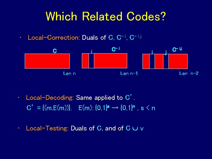 Which Related Codes? • Local-Correction: Duals of C, C- i j C i Len