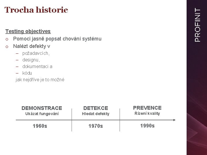 Trocha historie Testing objectives o Pomoci jasně popsat chování systému o Nalézt defekty v