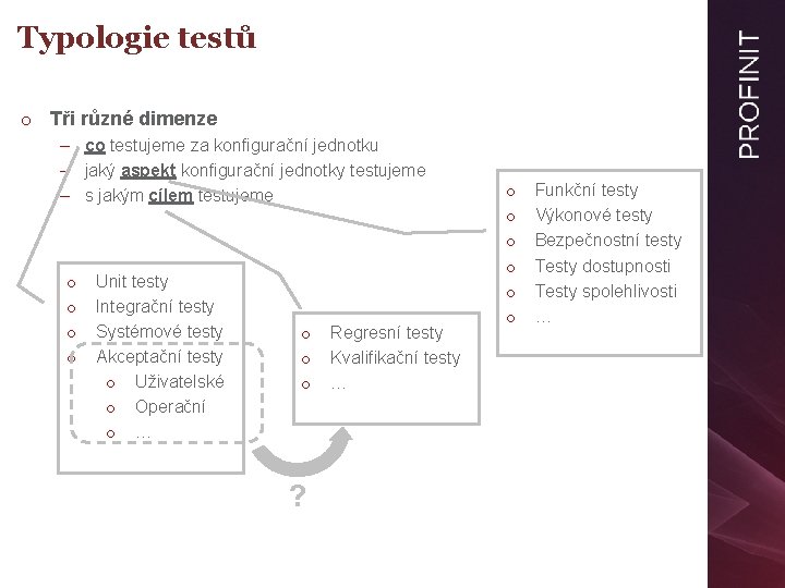 Typologie testů o Tři různé dimenze – co testujeme za konfigurační jednotku – jaký