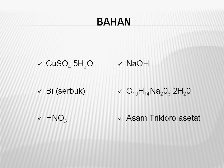 BAHAN ü Cu. SO 4 5 H 2 O ü Na. OH ü Bi