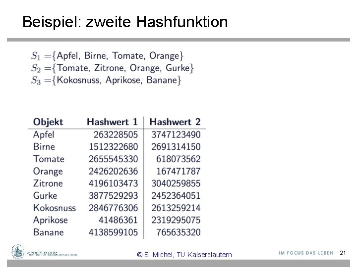 Beispiel: zweite Hashfunktion © S. Michel, TU Kaiserslautern 21 