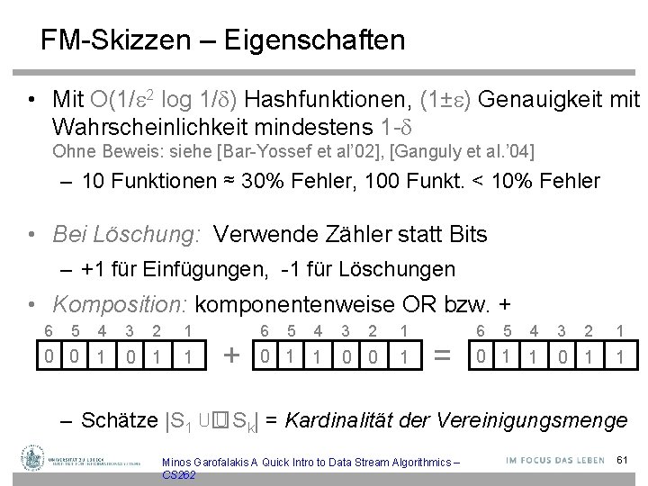 FM-Skizzen – Eigenschaften • Mit O(1/ 2 log 1/ ) Hashfunktionen, (1± ) Genauigkeit