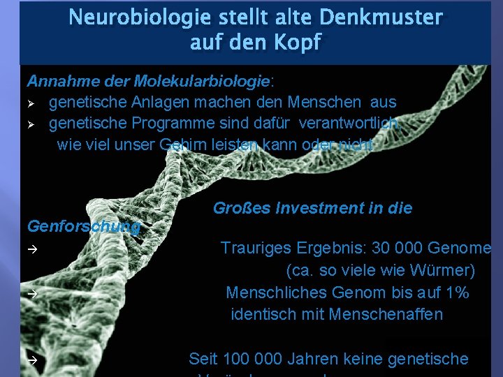 Neurobiologie stellt alte Denkmuster auf den Kopf Annahme der Molekularbiologie: Ø genetische Anlagen machen