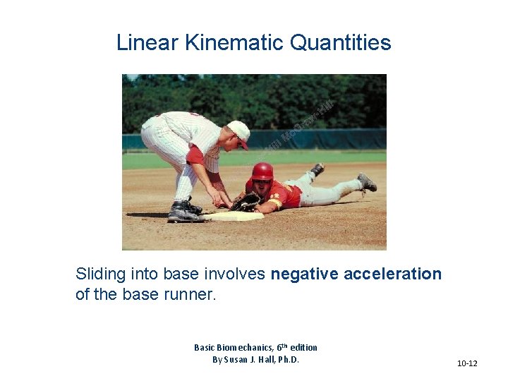 Linear Kinematic Quantities Sliding into base involves negative acceleration of the base runner. Basic Linear Kinematic Quantities Sliding into base involves negative acceleration of the base runner. Basic