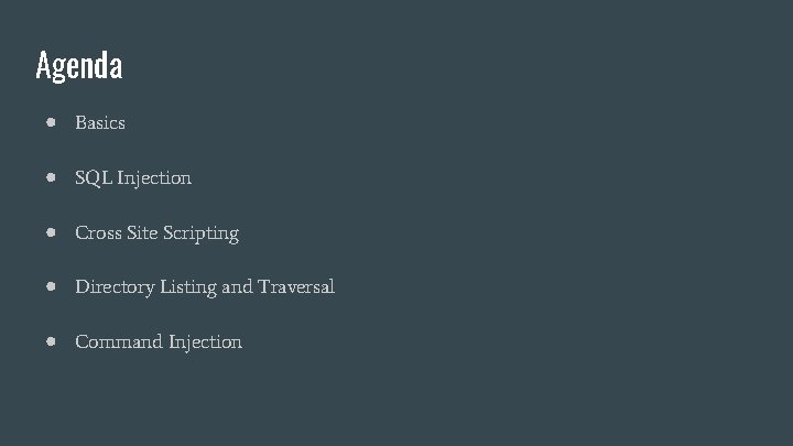 Agenda ● Basics ● SQL Injection ● Cross Site Scripting ● Directory Listing and Agenda ● Basics ● SQL Injection ● Cross Site Scripting ● Directory Listing and