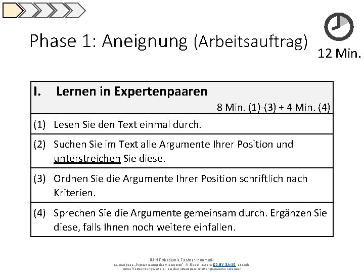 Phase 1: Aneignung (Arbeitsauftrag) I. 12 Min. Lernen in Expertenpaaren 8 Min. (1)-(3) +