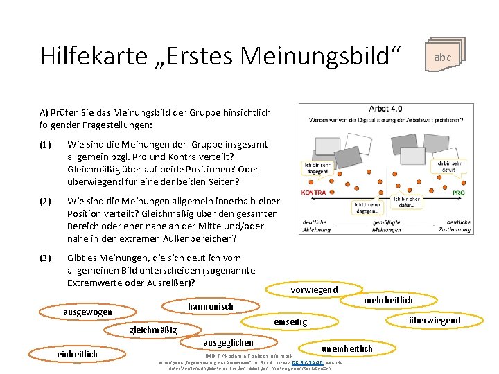 Hilfekarte „Erstes Meinungsbild“ abc A) Prüfen Sie das Meinungsbild der Gruppe hinsichtlich folgender Fragestellungen: