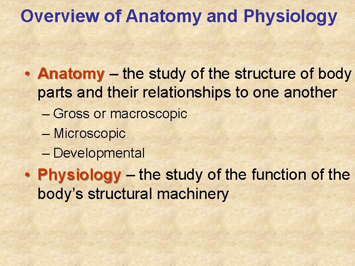 Overview of Anatomy and Physiology • Anatomy – the study of the structure of