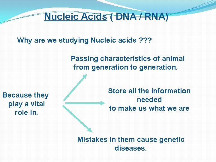 Nucleic Acids ( DNA / RNA) Why are we studying Nucleic acids ? ?