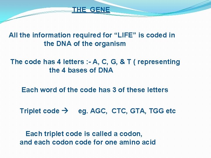 THE GENE All the information required for “LIFE” is coded in the DNA of