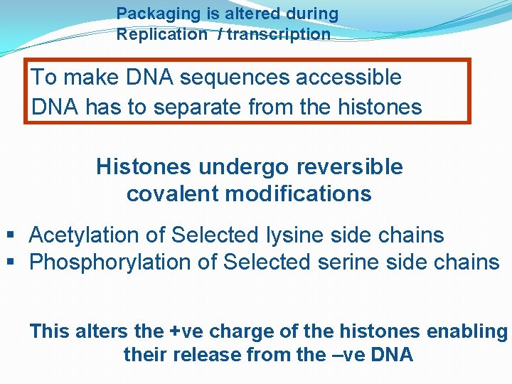 Packaging is altered during Replication / transcription To make DNA sequences accessible DNA has