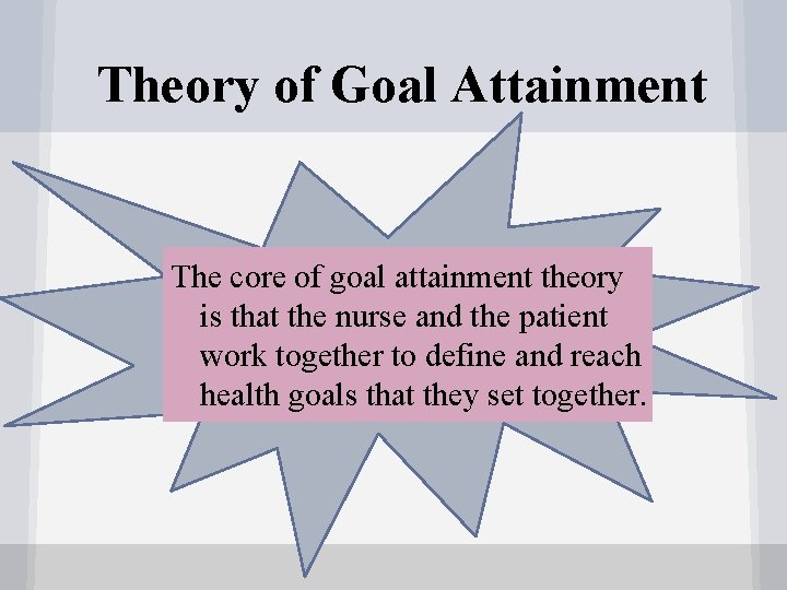 Theory of Goal Attainment The core of goal attainment theory is that the nurse