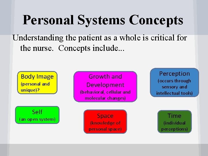 Personal Systems Concepts Understanding the patient as a whole is critical for the nurse.