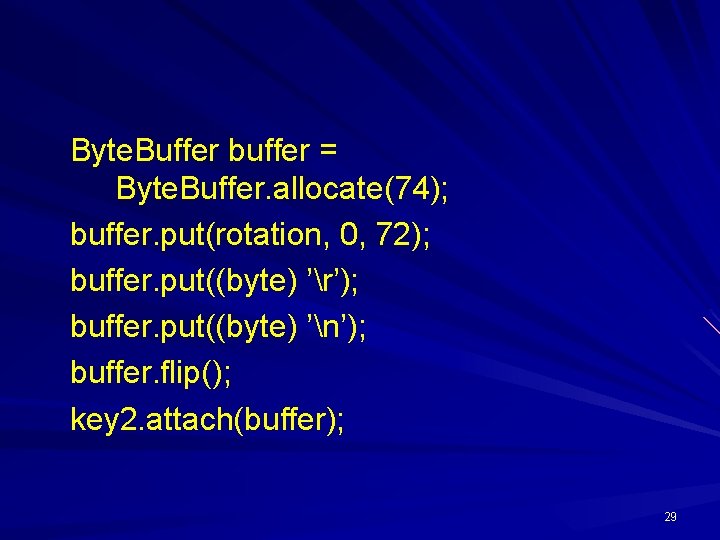 Byte. Buffer buffer = Byte. Buffer. allocate(74); buffer. put(rotation, 0, 72); buffer. put((byte) ’r’);